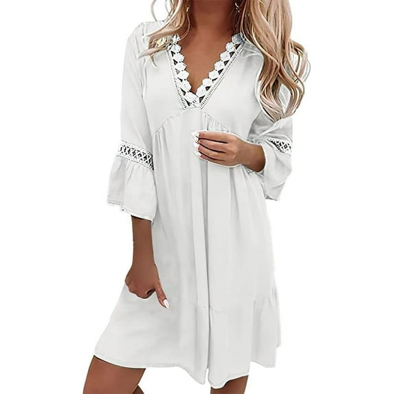 Women's Boho Floral Printed Lace Dress Loose V Neck 3/4 Sleeve Mini Beach Spring Summer Dresses for Women 2024