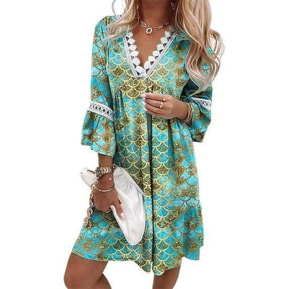 Women's Boho Floral Printed Lace Dress Loose V Neck 3/4 Sleeve Mini Beach Spring Summer Dresses for Women 2024