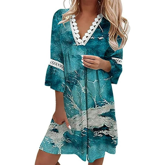 Women's Boho Floral Printed Lace Dress Loose V Neck 3/4 Sleeve Mini Beach Spring Summer Dresses for Women 2024