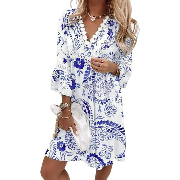 Women's Boho Floral Printed Lace Dress Loose V Neck 3/4 Sleeve Mini Beach Spring Summer Dresses for Women 2024