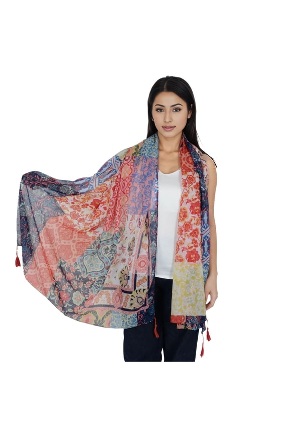 Women's Boho Floral Printed Scarf Fashion Fringed Colorful Shawl Wrap Scarves- Multicolored