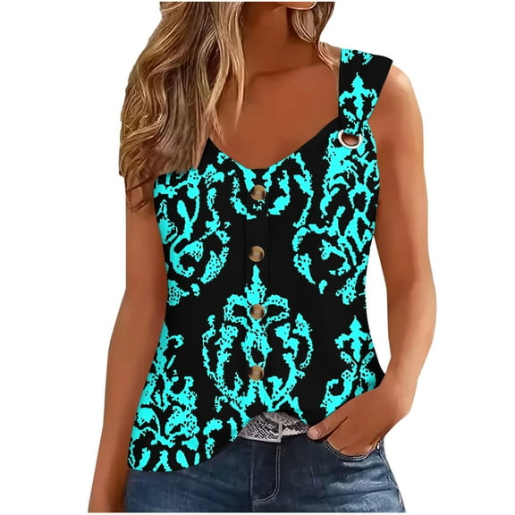 Women's Boho Floral Tank Top V Neck Sleeveless Loose Blouse With O-Ring Shoulder Detail & Flowy Hem Casual Dressy Tunic Shirt Graphic Camisole