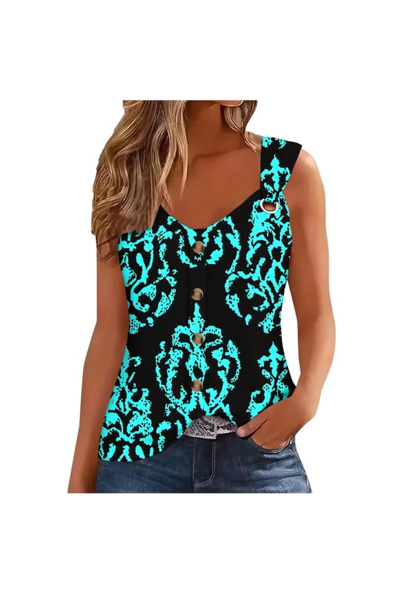 Women's Boho Floral Tank Top V Neck Sleeveless Loose Blouse With O-Ring Shoulder Detail & Flowy Hem Casual Dressy Tunic Shirt Graphic Camisole