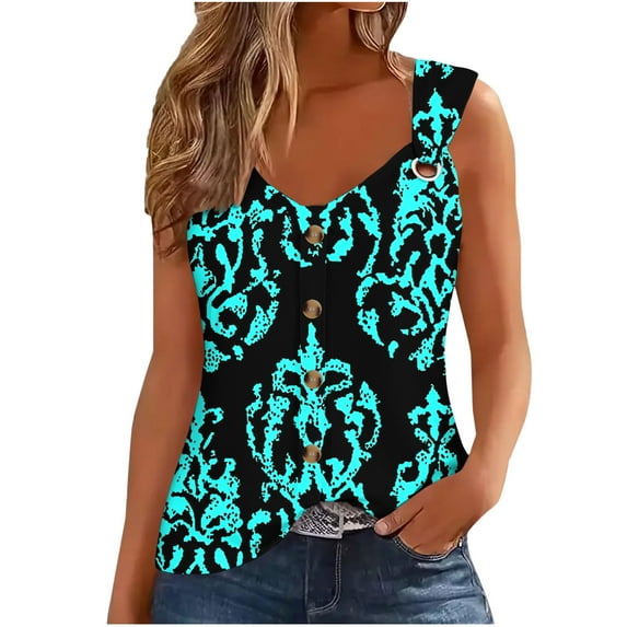Women's Boho Floral Tank Top V Neck Sleeveless Loose Blouse With O-Ring Shoulder Detail & Flowy Hem Casual Dressy Tunic Shirt Graphic Camisole