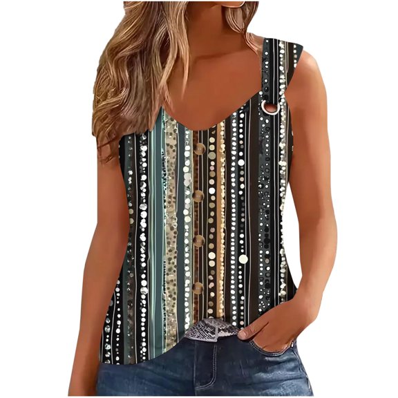 Women's Boho Floral Tank Top V Neck Sleeveless Loose Blouse With O-Ring Shoulder Detail & Flowy Hem Casual Dressy Tunic Shirt Graphic Camisole
