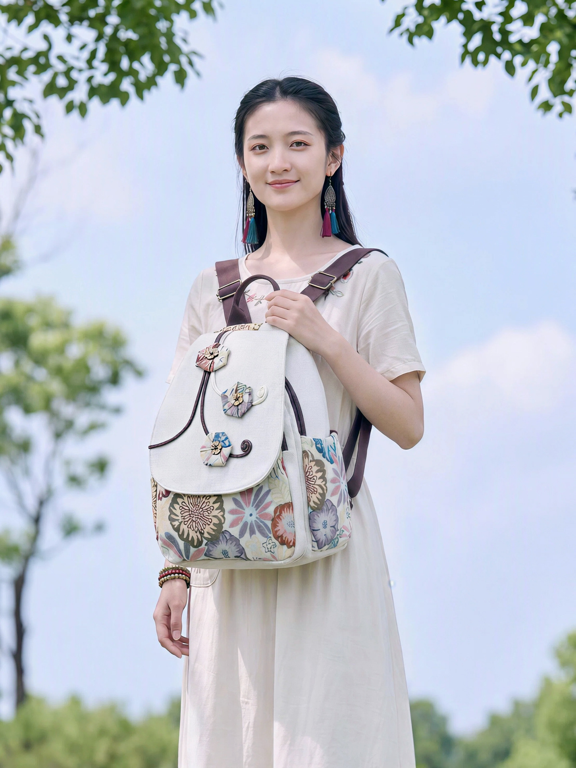 Womens Boho Floral Tapestry Backpack, Handmade Flower Decor Casual Daypack with Anti-Theft Pocket, Multi-Compartment Travel Shoulder Bag