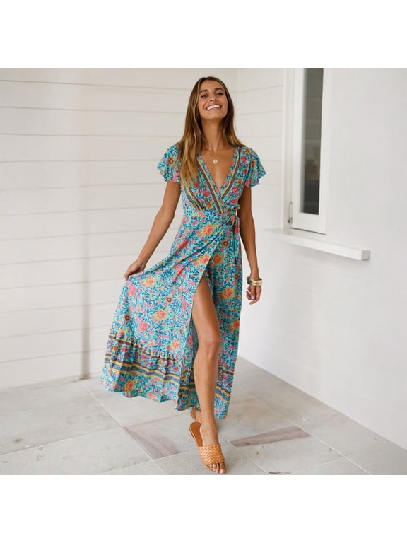 Women's Boho Floral Wrap Maxi Dress, V Neck Ruffle Sleeve Split Long Dress, Tie Waist Casual Vacation Beach Party Dress for Women 02-Blue L