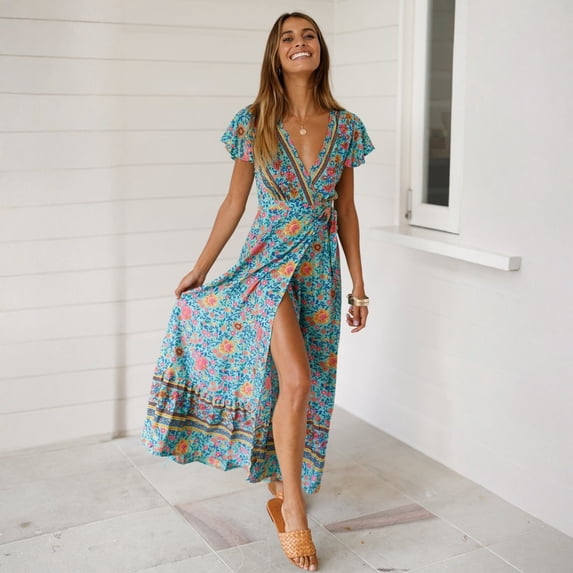 Women's Boho Floral Wrap Maxi Dress, V Neck Ruffle Sleeve Split Long Dress, Tie Waist Casual Vacation Beach Party Dress for Women 02-Blue M