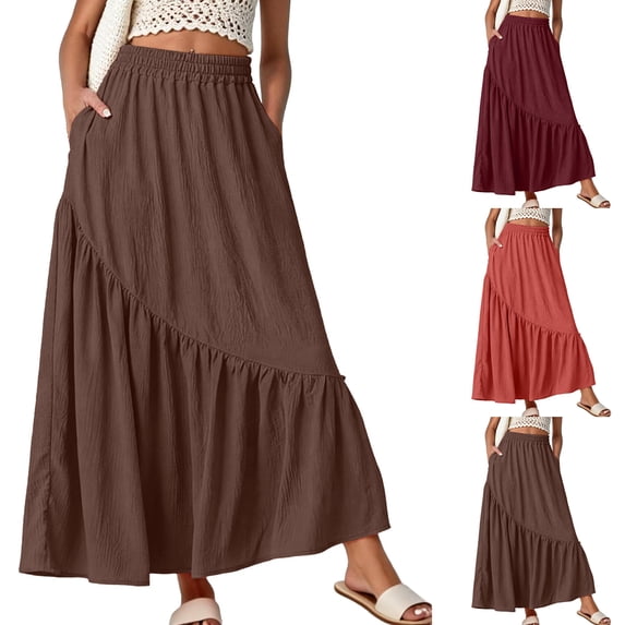 Women's Boho Flowy Maxi Skirt with Side Pockets and Tiered Ruffle Hem, Lightweight Breathable Fabric for All Day Comfort Brown L