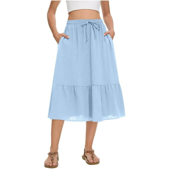 Women's Boho Flowy Midi Elastic High Waist Retro Pleated A-Line Flared Below Knee Skirts with Pocket