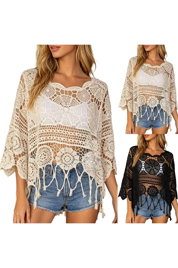 Women's Boho Fringe Trim Cut Out Sheer Cover Up, Hollow Knit Pullover Scallop Trim 3/4 Sleeve Crochet Beach Top for Vacation
