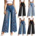 thumbnail image 1 of Women's Boho High Waist Flare Jeans Hollow Lace Patchwork Wide Leg Denim Pants Scalloped Hem Casual Y2K Streetwear Fashion Bottoms Light Blue, 1 of 7