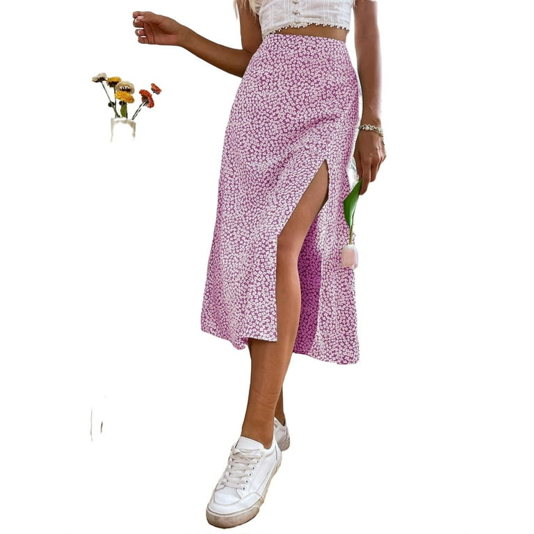 Women s Boho High Waist Floral Split Thigh Midi Skirt S