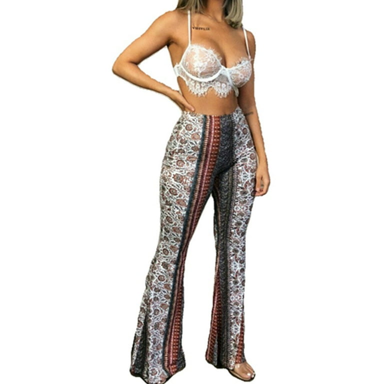 Women s Boho Hippie High Waist Printed Wide Leg Pants Flared Pants