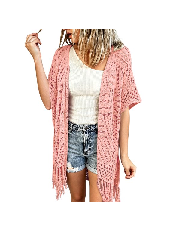 Women's Boho Hollow Out Crochet Short Sleeve Open Front Loose Batwing Cardigan Cover Up Shawl Wrap Jacket,Tassel Fringe Hem Lightweight Thin Soft Breathable Knit for Summer Pool Beach Vacation Pink