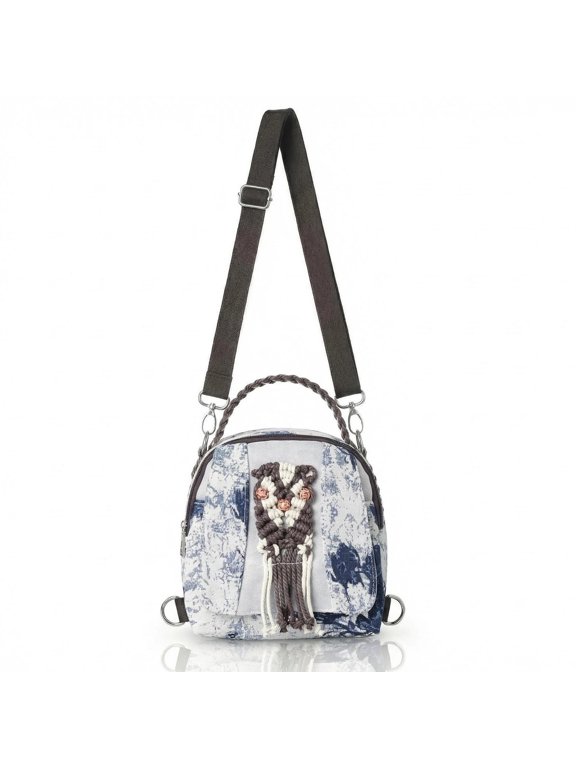 Womens Boho Ink Blue Floral Crossbody Bag, Vintage HandWoven Tassel Canvas Mini Backpack, 3Way Shoulder Handbag