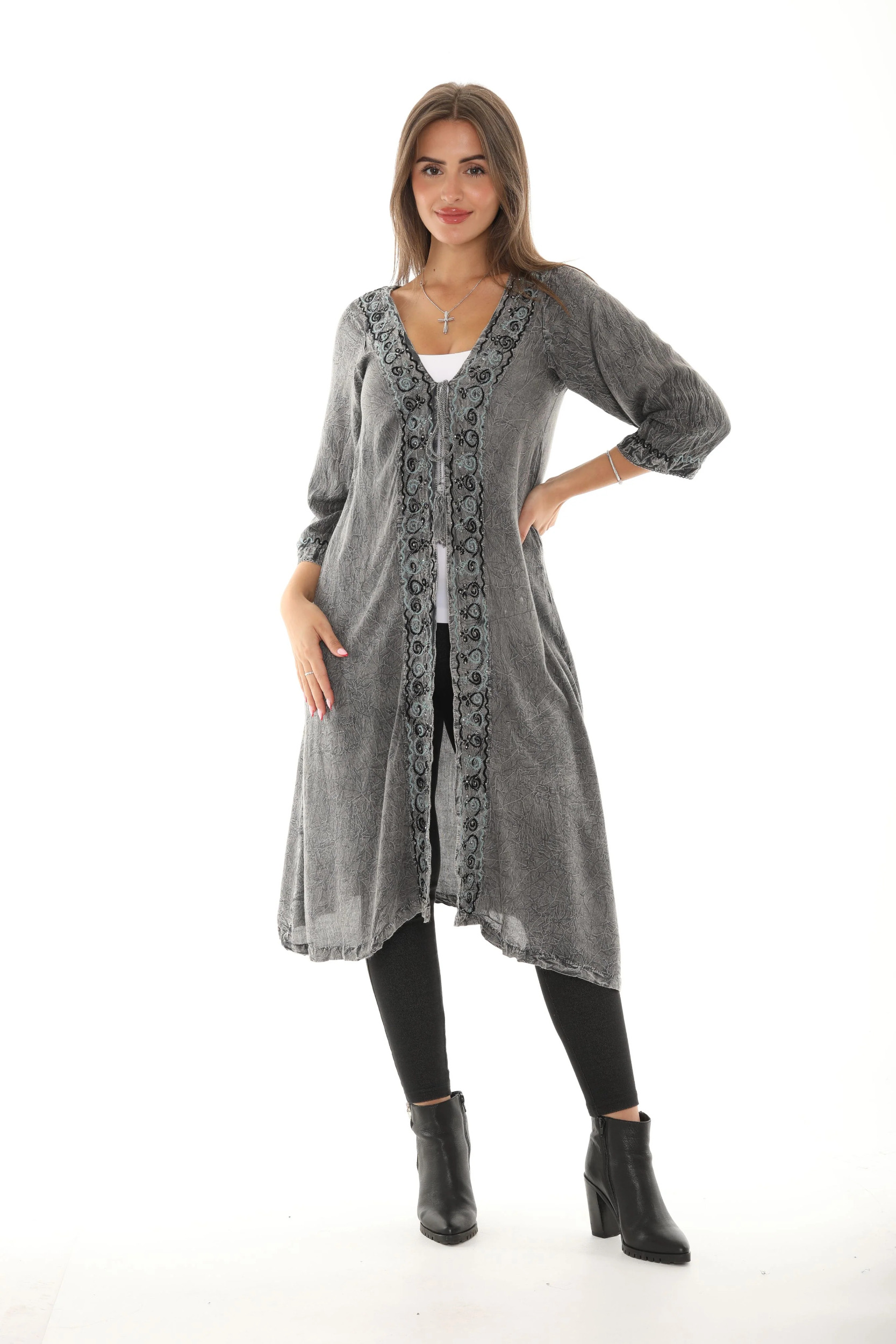 Women's Boho Kimono Duster, ThreeQuarter Sleeve SequinAccent