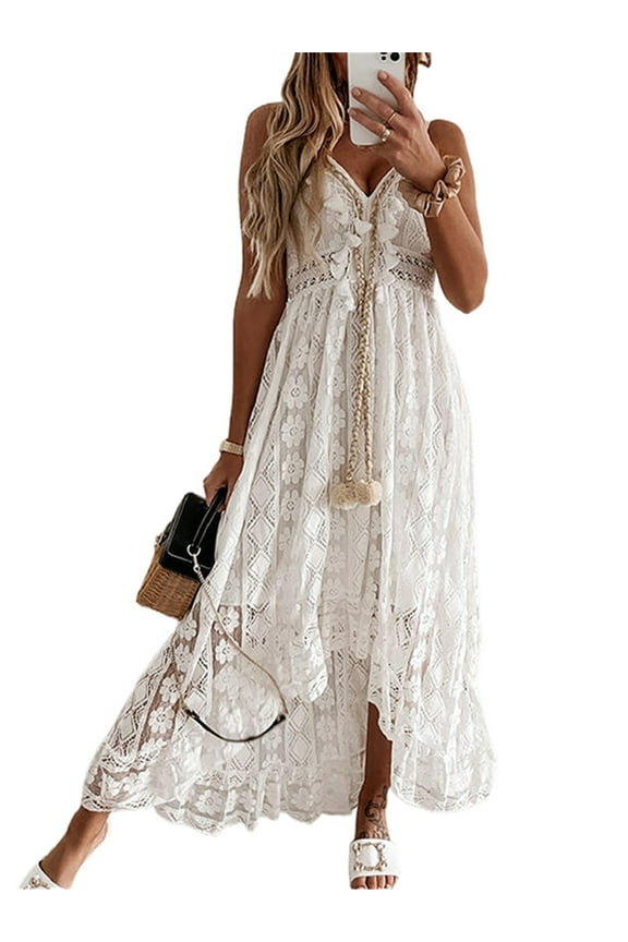 Women's Boho Lace Maxi Midi Dress V-Neck Spaghetti Straps Floral Long Dresses Beachwear Sundress