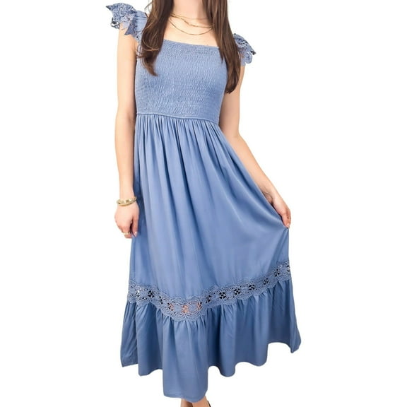 Women's Boho Lace Strap Sleeveless Flowy Ruffle Smocked Beach Maxi Dress - X Large, Blue