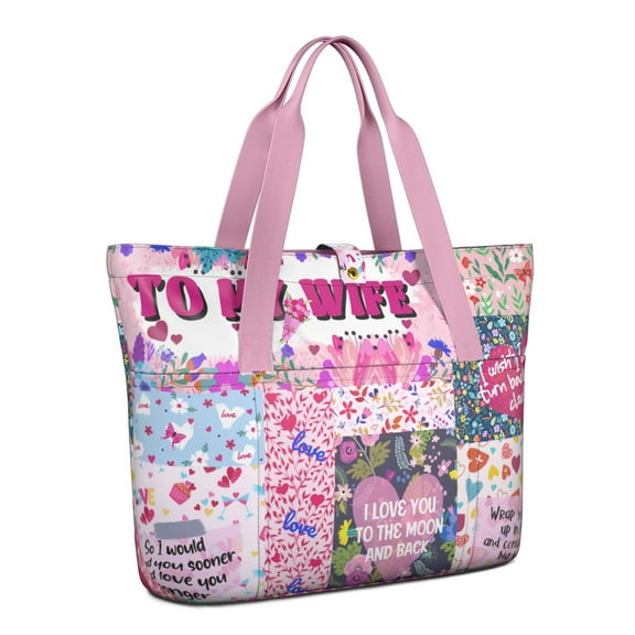 Women's Boho Large Foldable Tote Bag with Zipper - 20L Travel Carryall Shoulder Bag Weekender Handbag for School, Work, Gym, Shopping - Fits 15.6" Laptop, Folds Into Pouch