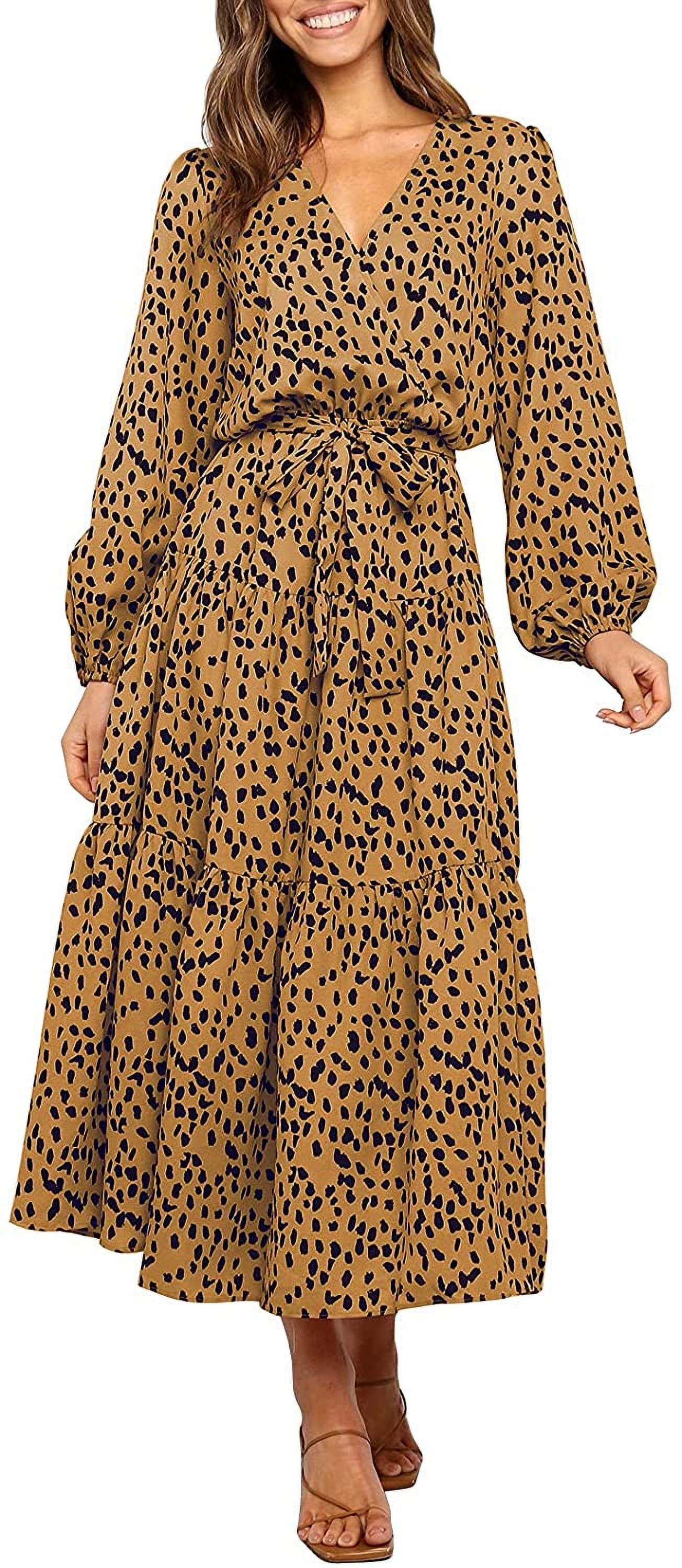Women's Boho Leopard Print Ruffle Long Sleeve V Neck Casual Flowy Party Maxi  Dress - Walmart.com