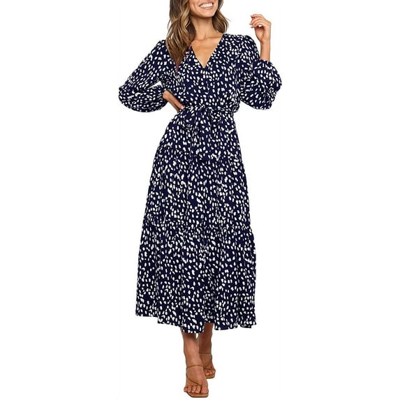 Women's Boho Leopard Print Ruffle Long Sleeve V Neck Casual Flowy Party Maxi Dress