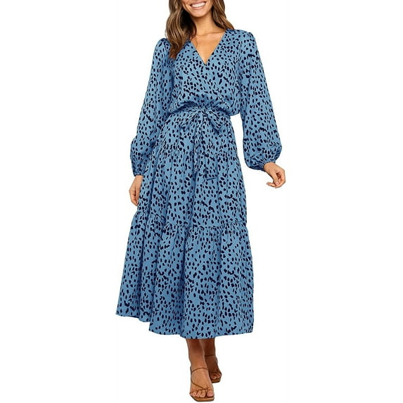 Women's Boho Leopard Print Ruffle Long Sleeve V Neck Casual Flowy Party Maxi Dress