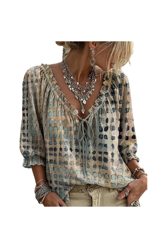 Women's Boho Linen Polka Dot Lace up Blouse Tie-edge Bow-Front Ruffled V-Neck Tops Casual Flowy 3/4 Sleeve Shirts