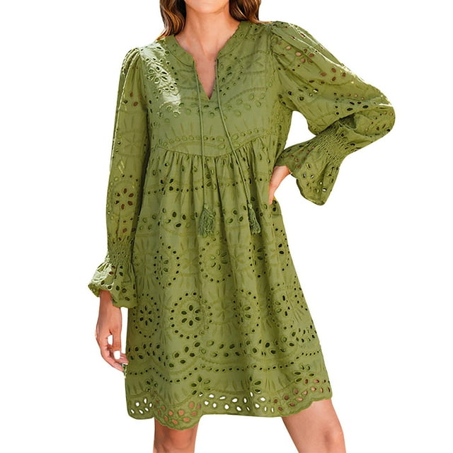 Women's Boho Long Sleeve Eyelet Lace Dress V-Neck Floral Embroidered Casual A-Line Mini Dress Pink