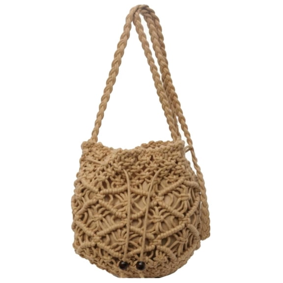 Women's Boho Macrame Bucket Shoulder Bag Cotton Rope Crossbody Purse Summer Beach Beads Drawstring Hollow Out Handbag