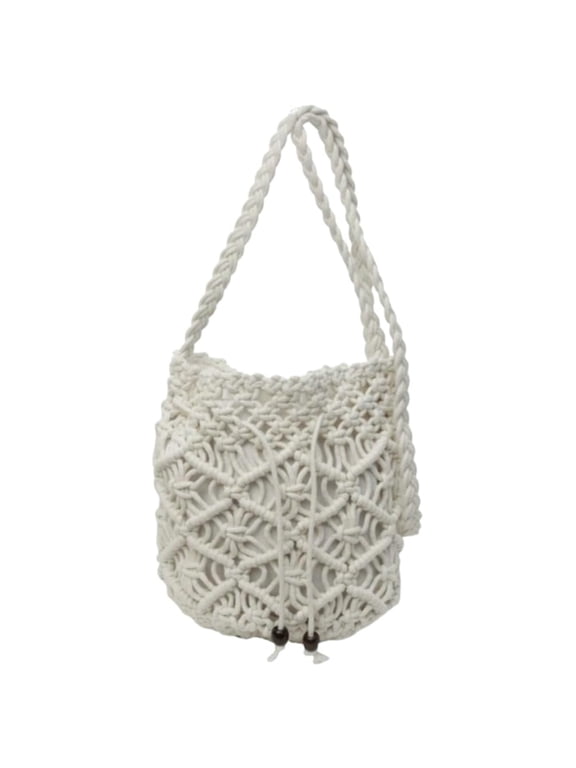 Women's Boho Macrame Bucket Shoulder Bag Cotton Rope Crossbody Purse Summer Beach Beads Drawstring Hollow Out Handbag