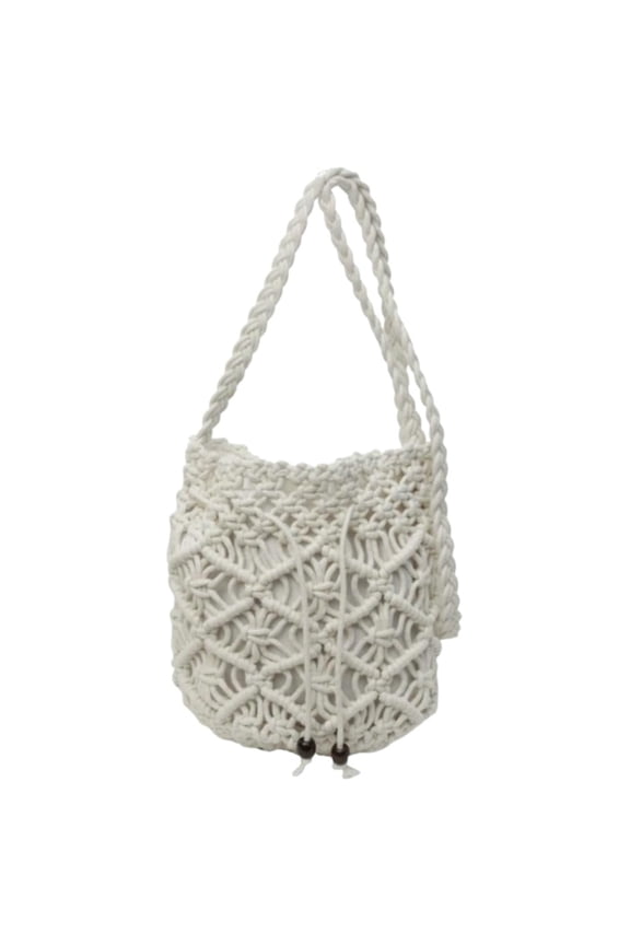 Women's Boho Macrame Bucket Shoulder Bag Cotton Rope Crossbody Purse Summer Beach Beads Drawstring Hollow Out Handbag