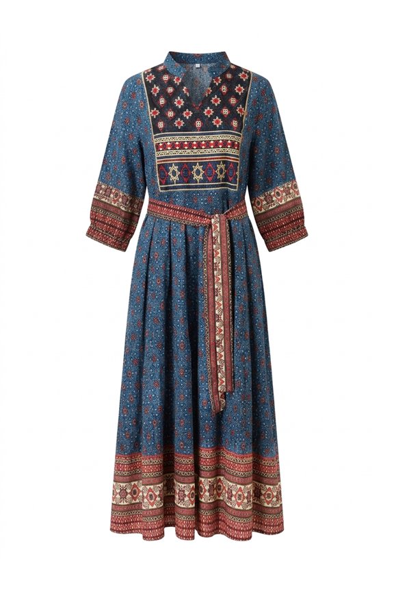 Women's Boho Maxi Dress A-Line Long Dress with Ethnic Print, V-Neck 3/4 Sleeve and Tie Waist for Summer Vacation