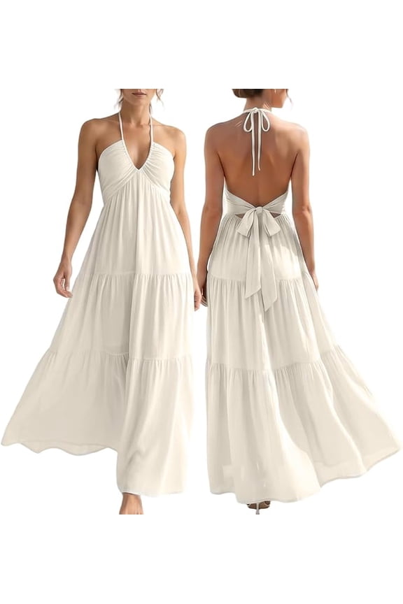 Women's Boho Maxi Dress Halter V Neck Backless, Flowy Ruffle Beach Wedding Guest Vacation Dress with Bow Tie (M)