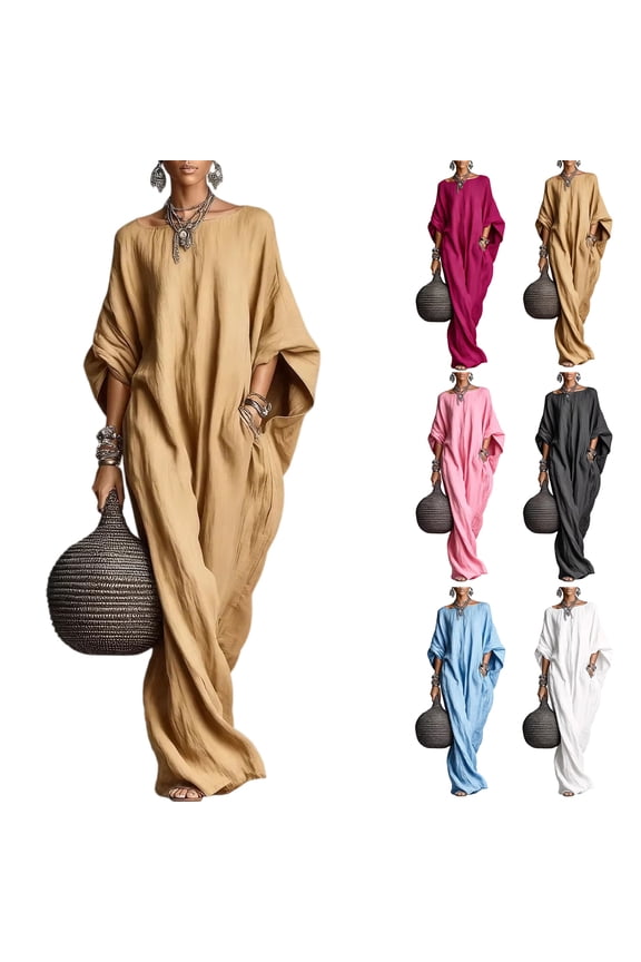 Women's Boho Maxi Dress Long Batwing Sleeve Loose Fit Caftan Dress Casual Flowy Beach Vacation Gown with Pockets(Just Dress) Pink S