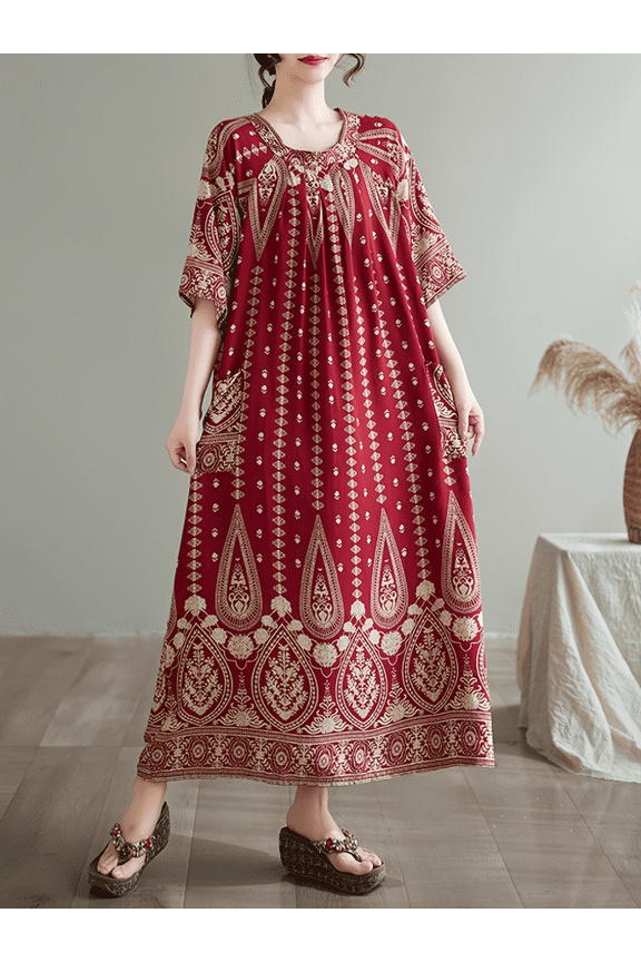 Women's Boho Maxi Dress, Loose Fit Ethnic Printed 3/4 Sleeve Long Caftan Dress, Casual Flowy Pocket Summer Beach House Dress