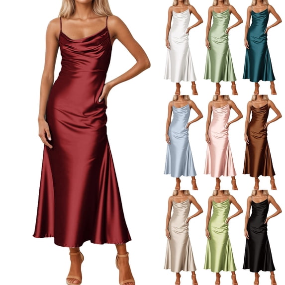 Women's Boho Maxi Dress Spaghetti Strap Sleeveless Backless Maxi Wedding Guest Dress Silk Open Back Tie Back Prommal Dresses Flowy Beach Dresses Dark Green XS-XL
