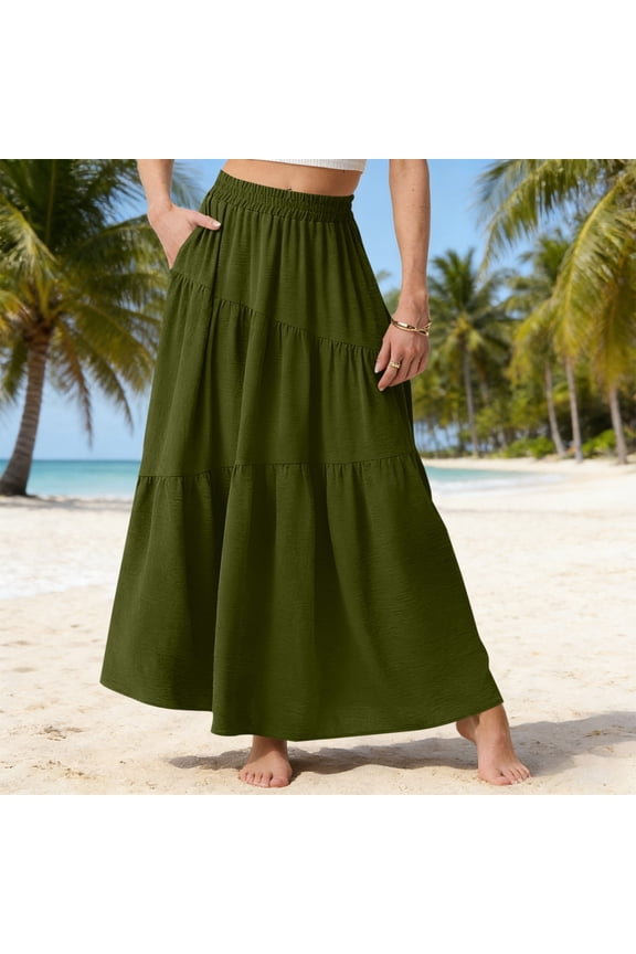 Women's Boho Maxi Skirt with Pockets - Elastic High Waist Flowy Tiered A-Line Long Skirts for Summer Vacation Army Green S