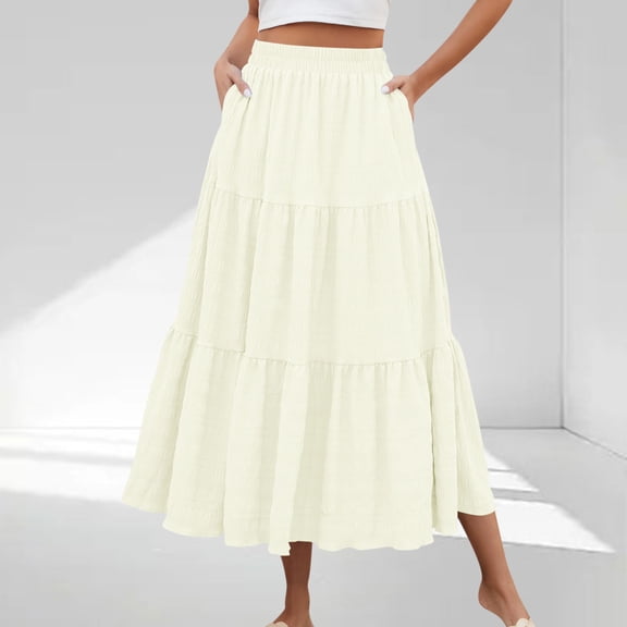 Women's Boho Maxi Skirt with Pockets - Elastic High Waist Flowy Tiered A-Line Long Skirts for Summer Vacation Beige A L