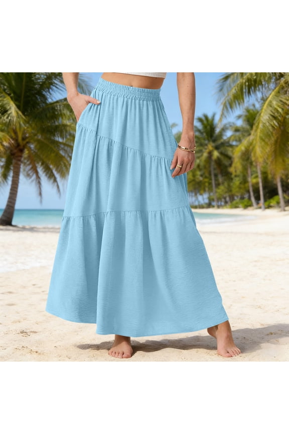 Women's Boho Maxi Skirt with Pockets - Elastic High Waist Flowy Tiered A-Line Long Skirts for Summer Vacation Light Blue A S