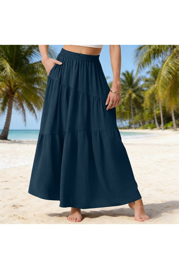 Women's Boho Maxi Skirt with Pockets - Elastic High Waist Flowy Tiered A-Line Long Skirts for Summer Vacation Navy S