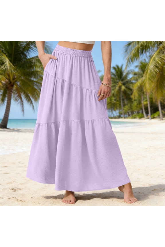 Women's Boho Maxi Skirt with Pockets - Elastic High Waist Flowy Tiered A-Line Long Skirts for Summer Vacation Purple S