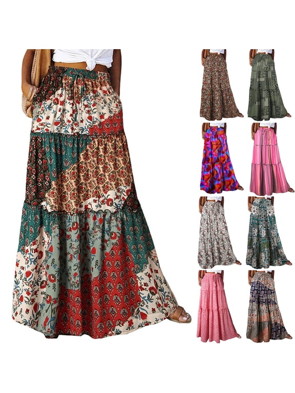 Women's Boho Maxi Skirts Casual Elastic Waisted A Line Long Flowy Floral Print Skirt with Pockets Hot Pink 2XL