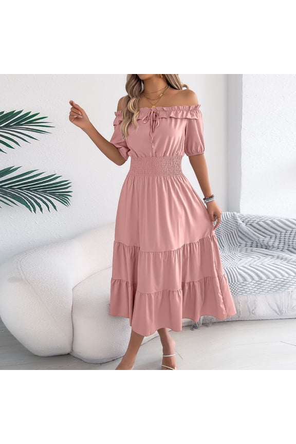 Women's Boho Maxi Tiered Dress Off Shoulder Ruffle Neckline Smocked Waist Short Puff Sleeve A-Line Flowy Beach Dress for Summer Vacation Holiday Brunch Date Night
