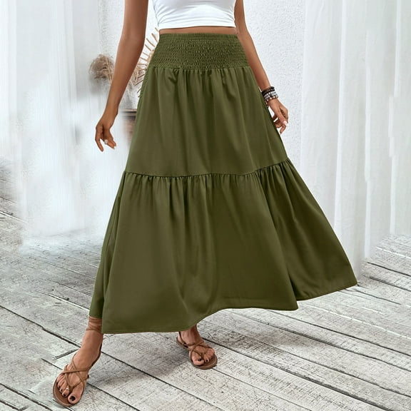 Women's Boho Midi Skirt A-Line Ruffle Elastic High Waist Tiered Flowy Skirts Army Green M