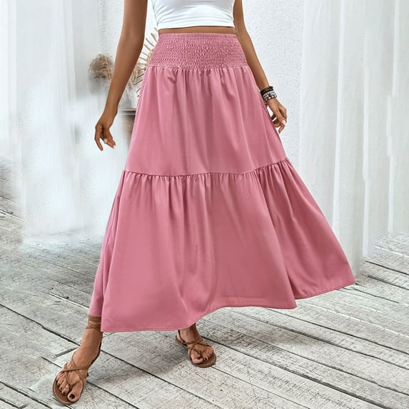 Women's Boho Midi Skirt A-Line Ruffle Elastic High Waist Tiered Flowy Skirts Pink Xl