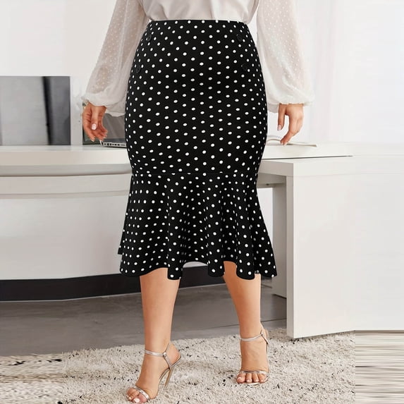 Women's Boho Midi Skirt Women Plus Size High Waist Polka Midi Skirt Ruffle Hem Bodycon Casual Work Skirt Black Xxxl