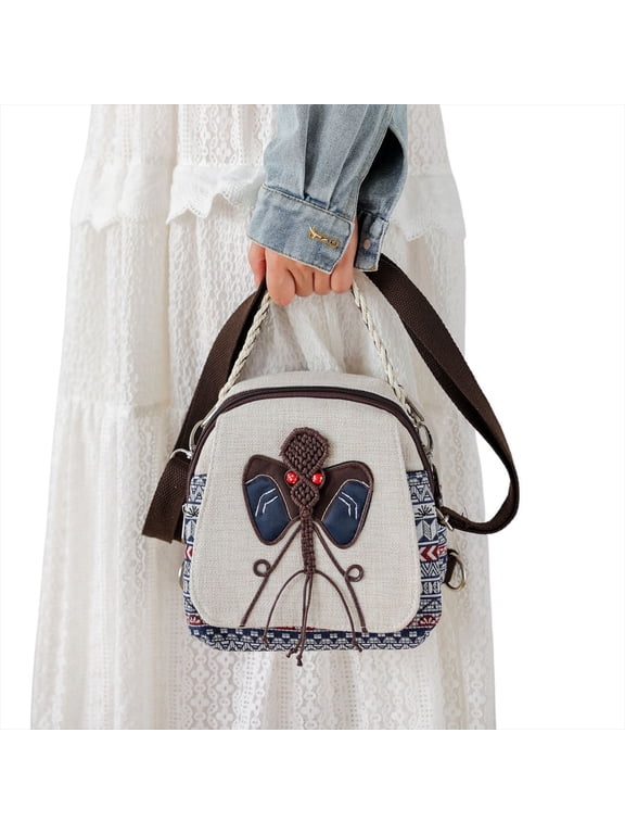Womens Boho MultiUse Convertible Backpack Purse, Handwoven Decor Cotton Linen Small Shoulder Crossbody Bag, Vintage Casual Day Bag
