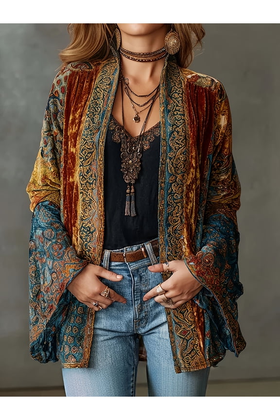 Women's Boho Multicolor Ornate Print Open-Front Velvet Kimono Cardigan Wide Flow Sleeve Oversized Cover-Up