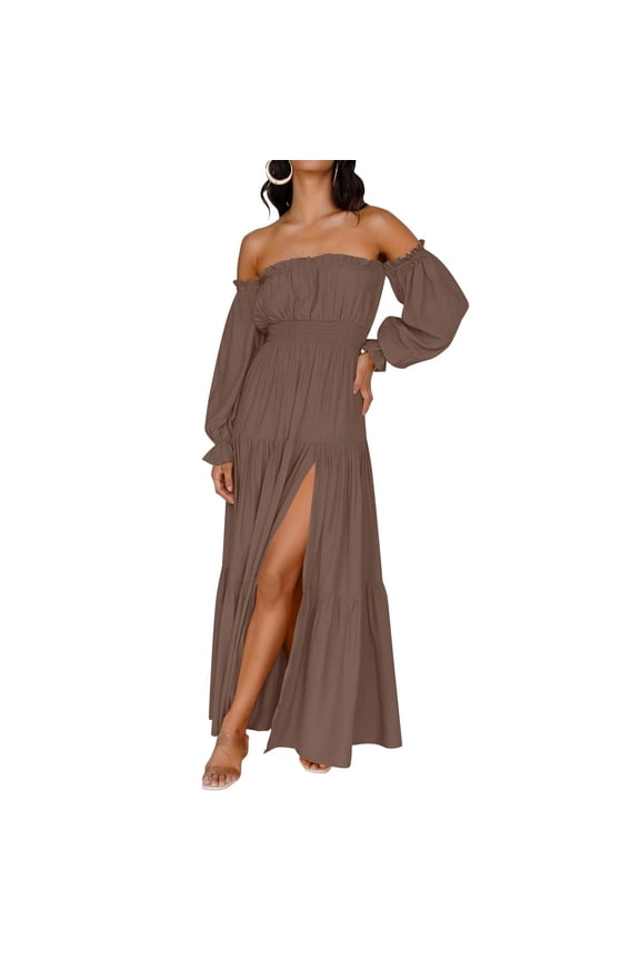 Women's Boho Off Shoulder Dress Spring Summer Side Split Flowy A Line Long Maxi Dresses L